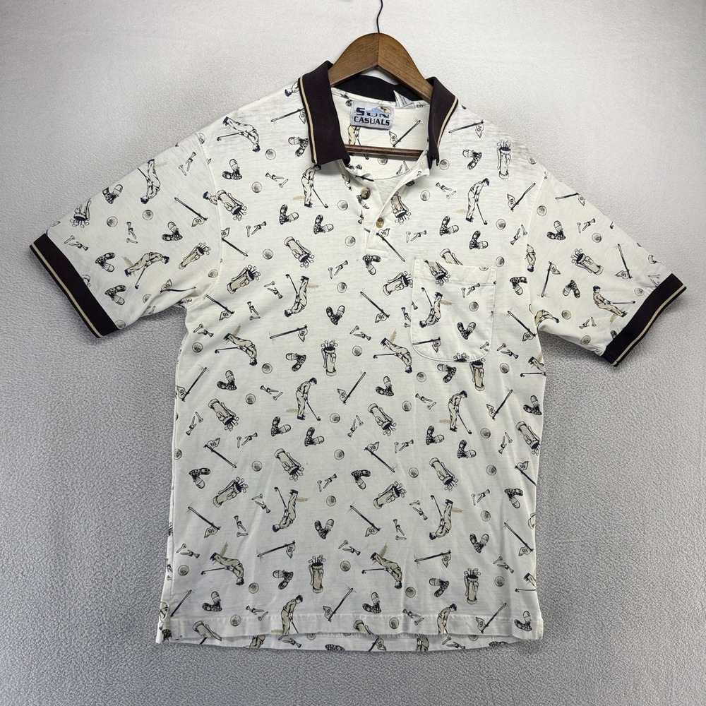 Vintage Knit Golf Polo Shirt Men's Medium White Geometric All over Print 90s